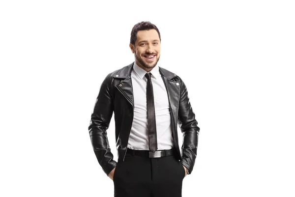 Smiling Man Leather Jacket Tie Posing Isolated White Background — Stock Photo, Image