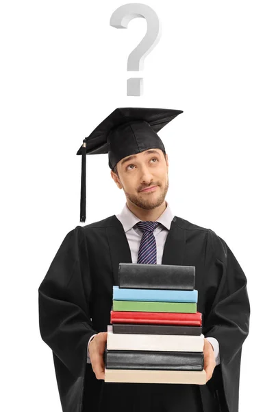 Estudiante Graduado Sosteniendo Una Pila Libros Con Signo Interrogación Sobre — Foto de Stock