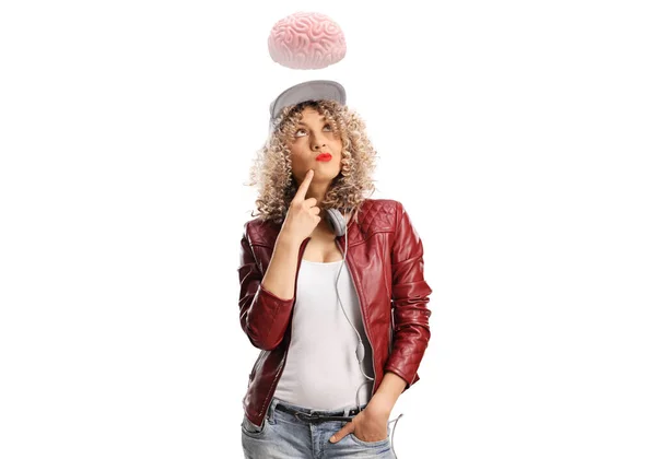 Brain Pensive Young Woman Curly Hair Trendy Outfit Isolated White — Stock Photo, Image