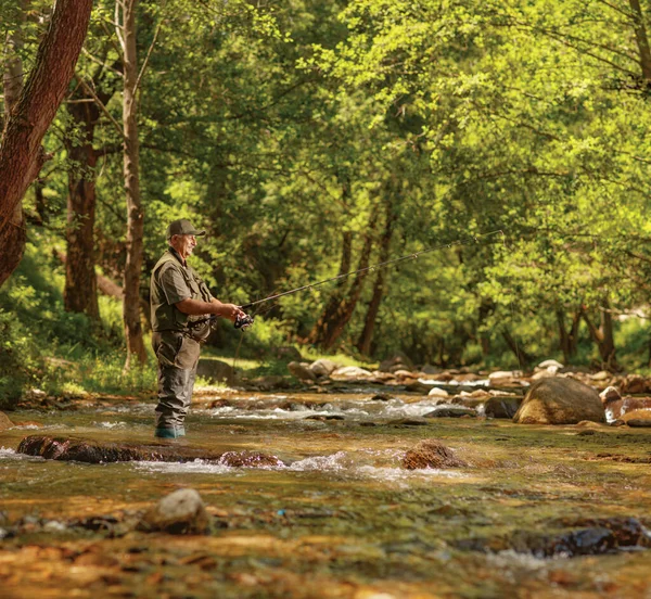 一个成熟的男人在一条被树木环绕的河里钓鱼 — 图库照片