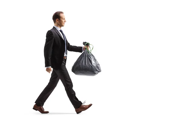 Full Length Profile Shot Businessman Carrying Waste Bag Isolated White — Stock Photo, Image