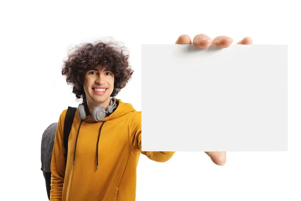 Male Student Backpack Headphones Showing Blank Card Front Camera Isolated — Stock Photo, Image