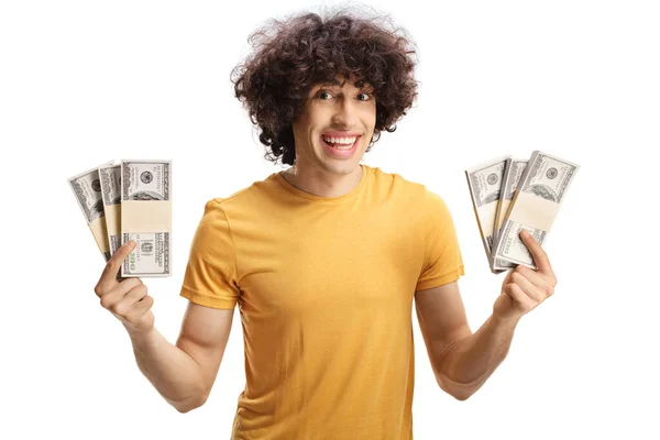 Smiling Guy Showing Cash Front Camera Isolated White Background — Stockfoto