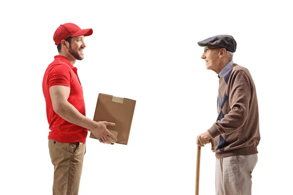 Profile Shot Delivery Man Delivering Box Senior Man Isolated White — Stock Photo, Image