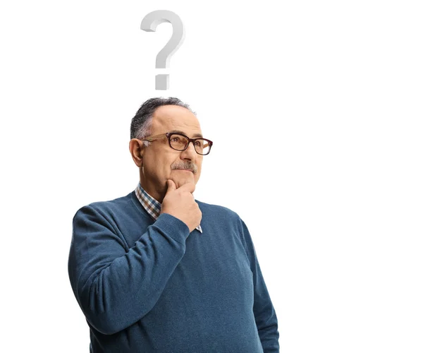 Pensive Mature Man Standing Thinking Question Mark His Head Isolated — Stock Photo, Image