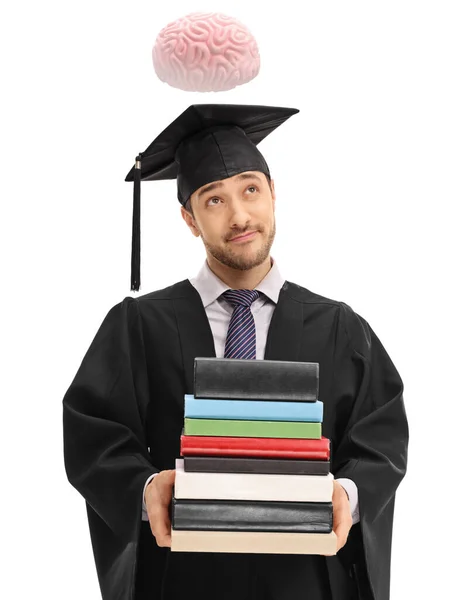 Pensive Afgestudeerde Student Met Een Stapel Boeken Hersenen Zweven Boven — Stockfoto