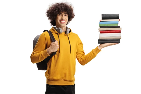 Veselý Muž Student Drží Hromadu Knih Nese Batoh Izolovaný Bílém — Stock fotografie