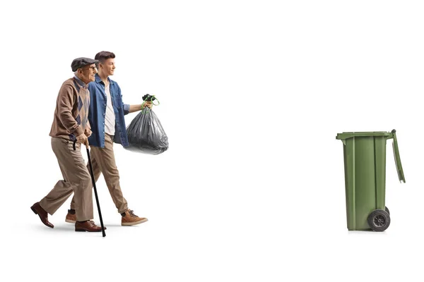 Young Elderly Man Walking Dust Bin Carrying Plastic Waste Bag — Stock Photo, Image