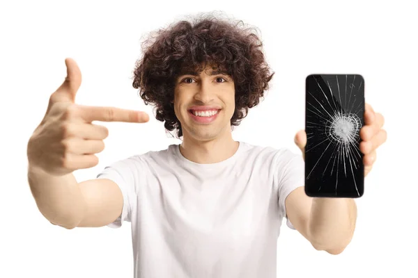 Casual Jovem Com Cabelo Encaracolado Escuro Segurando Smartphone Com Tela — Fotografia de Stock