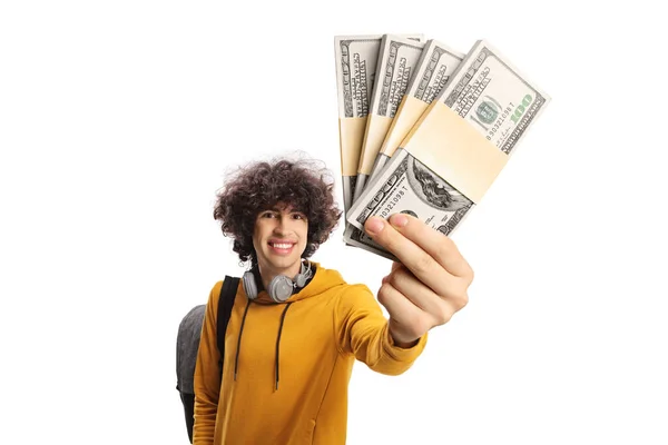 Cheerful Male Student Carrying Backpack Showing Stacks Money Isolated White — Stockfoto