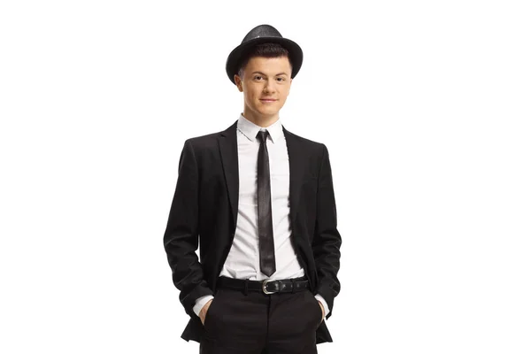 Guy Suit Fedora Hat Isolated White Background — Stock Photo, Image