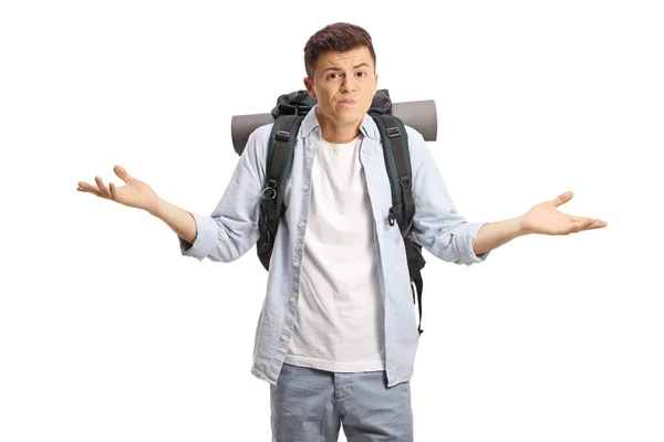 Verwirrter Junger Männlicher Backpacker Gestikuliert Mit Isolierten Händen Auf Weißem — Stockfoto