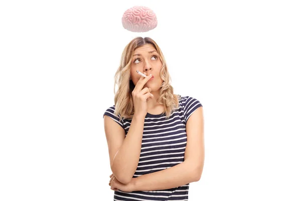 Young Woman Smoking Cigarette Human Brain Floating Her Head Isolated — Stock Photo, Image
