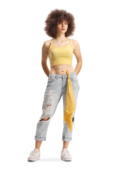 Full Length Portrait Young Caucasian Woman Afro Hairstyle Posing Isolated — Stock Photo, Image