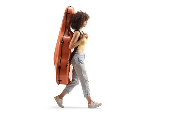 Full Length Profile Shot Young Woman Walking Carrying Contrabass Case — Φωτογραφία Αρχείου