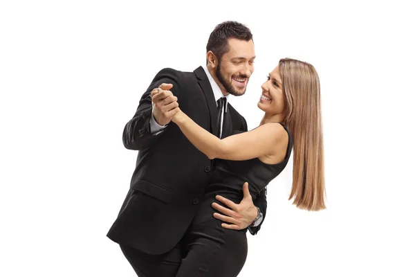 Gelukkig Jong Paar Dansen Tango Geïsoleerd Witte Achtergrond — Stockfoto