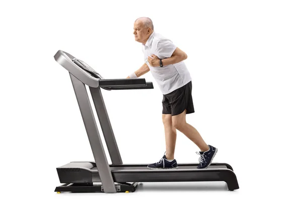 Älterer Mann Auf Einem Laufband Mit Einem Herzinfarkt Isoliert Auf — Stockfoto