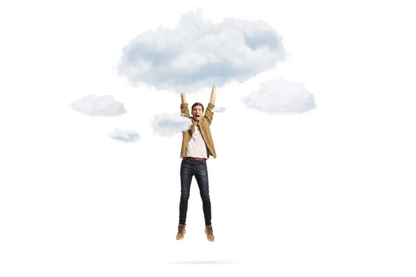 Scared Young Man Hanging Clouds Isolated White Background — Stock Photo, Image