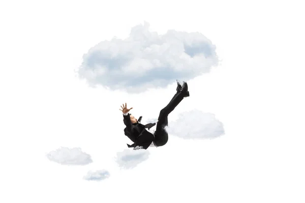 白地に隔離された雲から落ちてくるビジネスマン — ストック写真