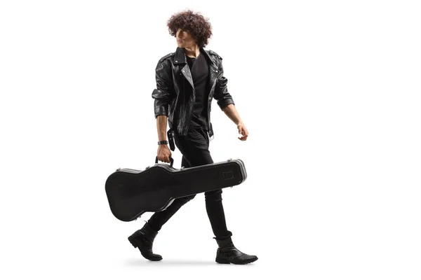 Full Length Shot Rocker Leather Jacket Walking Carrying Guitar Case — Φωτογραφία Αρχείου
