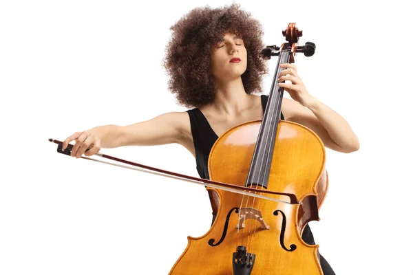 Young Woman Playing Contrabass Isolated White Background — Stock Photo, Image