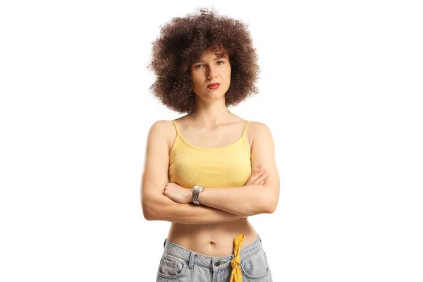 Mujer Caucásica Joven Seria Con Peinado Afro Aislado Sobre Fondo — Foto de Stock