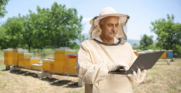 成熟したオスの養蜂家制服を着たラップトップコンピュータを使用しています — ストック写真