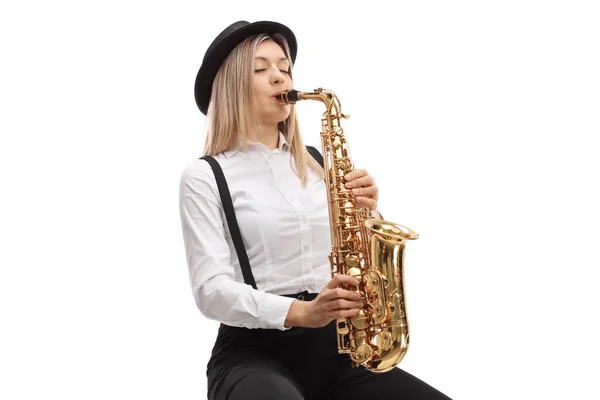Ung Blond Kvinna Spelar Saxofon Isolerad Vit Bakgrund — Stockfoto