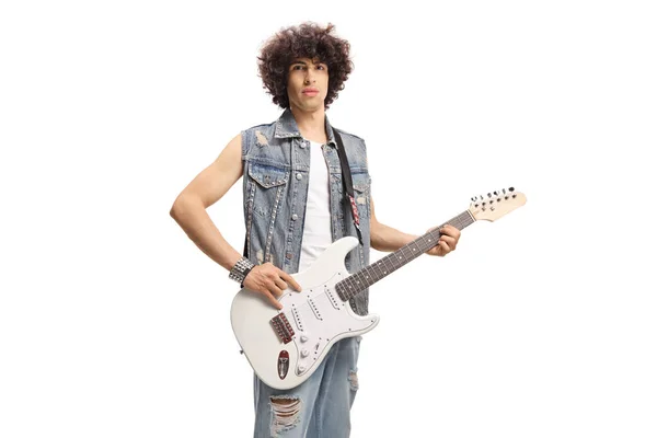Young Male Denim Vest Standing Electric Guitar Isolated White Background — Stock Photo, Image