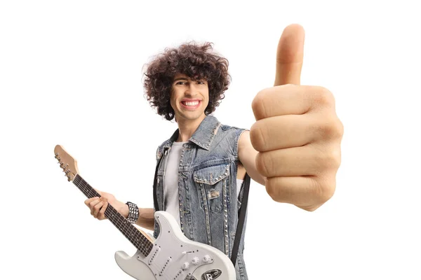 Hombre Joven Sonriente Chaleco Mezclilla Con Una Guitarra Eléctrica Que — Foto de Stock