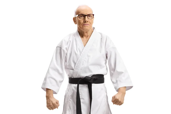 Gammal Man Karate Kimono Och Svart Bälte Isolerad Vit Bakgrund — Stockfoto