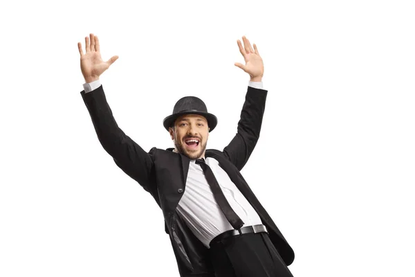 Dançarino Alegre Homem Terno Dançando Isolado Fundo Branco — Fotografia de Stock