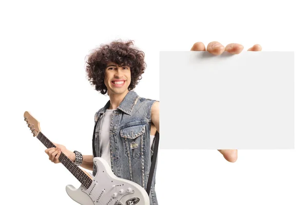 Joven Macho Chaleco Mezclilla Pie Con Una Guitarra Eléctrica Mostrando — Foto de Stock