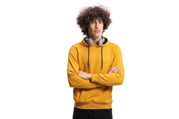 Chico Con Capucha Amarilla Con Auriculares Alrededor Cabeza Aislados Sobre —  Fotos de Stock