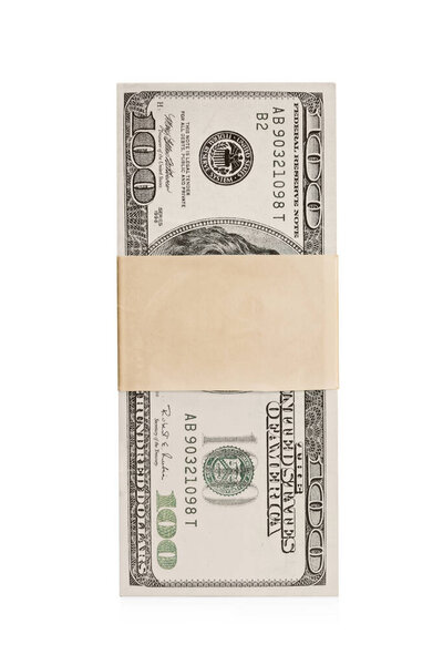 Front view shot of a stack of us dollar bills isolated on white background