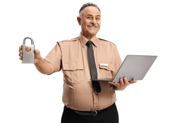 Security Officer Holding Padlock Laptop Computer Isolated White Background — Stock Photo, Image