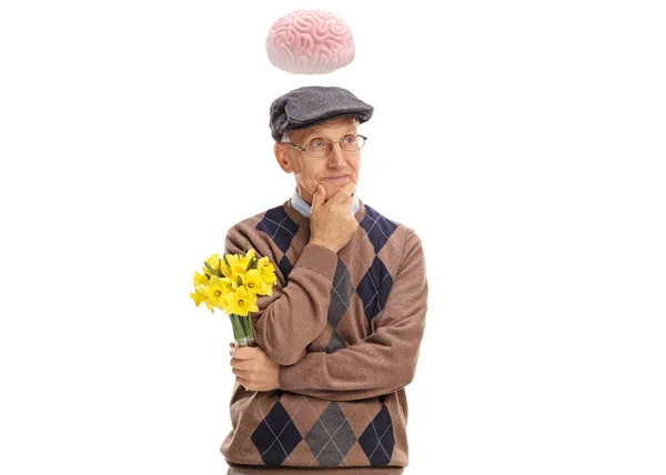 Pensive Elderly Gentleman Holding Bunch Flowers Thinking Brain His Head — Stock Photo, Image