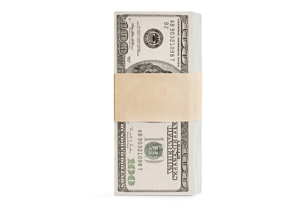 Vertical stack of 100 dollar bills secured with a paper strap isolated on white background