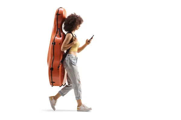 Full Length Profile Shot Young Woman Walking Cello Case Using — Stock Photo, Image