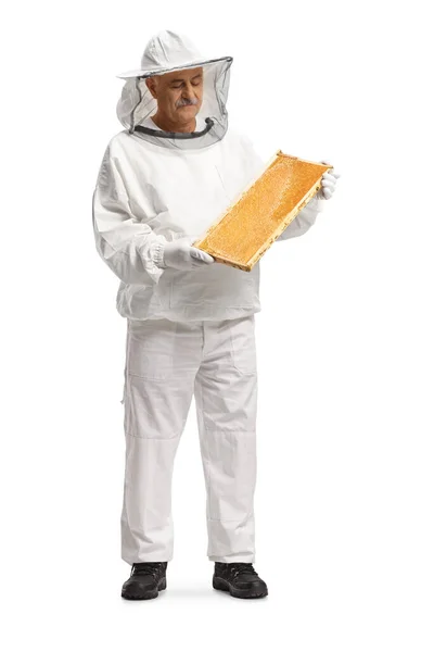 Mature Male Bee Keeper Uniform Holding Honeybee Frame Isolated White — Stock Photo, Image