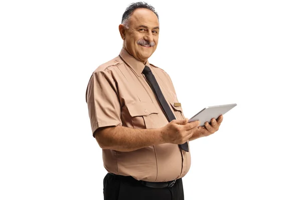Smiling Mature Security Officer Using Digital Tablet Isolated White Background — Stok Foto