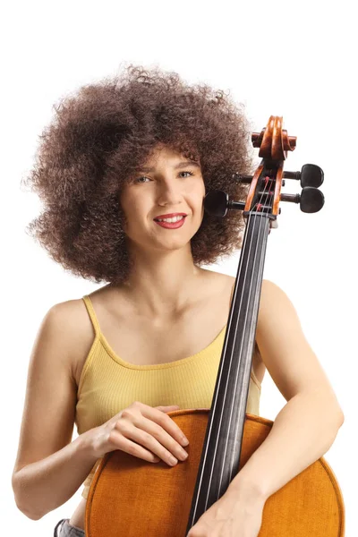 Glimlachende Jonge Vrouw Poseren Met Een Cello Geïsoleerd Witte Achtergrond — Stockfoto