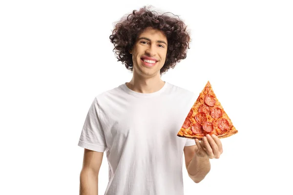 Jovem Feliz Segurando Uma Fatia Pizza Sorrindo Para Câmera Isolada — Fotografia de Stock