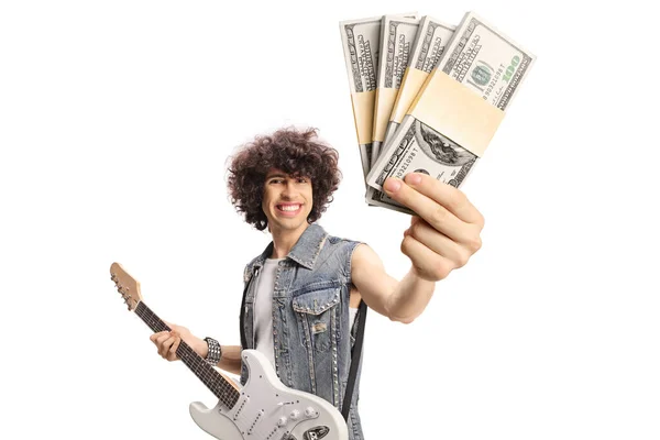 Young Man Denim Vest Electric Guitar Showing Blank Card Front — Stockfoto