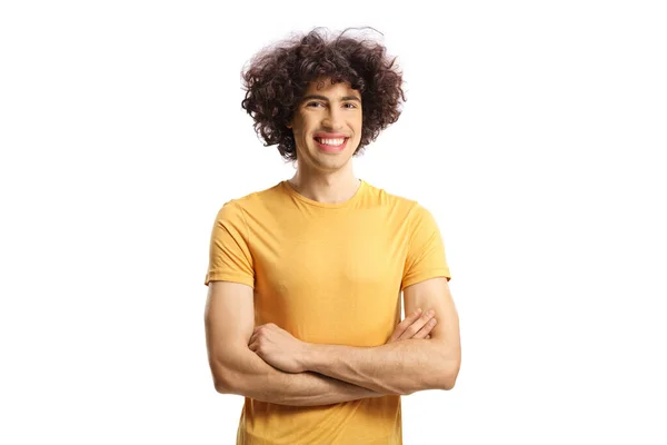 Uśmiechnięty Młody Mężczyzna Kręconymi Włosami Pozujący Białym Tle — Zdjęcie stockowe