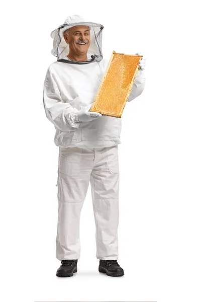 Full Length Portrait Bee Keeper Uniform Holding Honeybee Frame Isolated — Stock Photo, Image