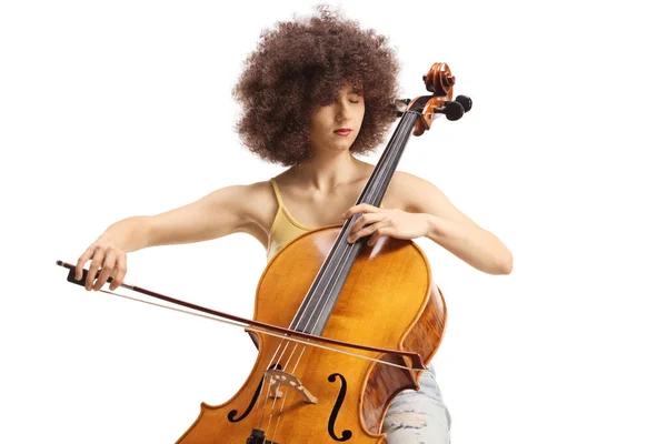 Casual Jeune Femme Jouant Violoncelle Isolé Sur Fond Blanc — Photo