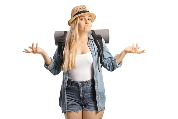 Confused Female Backpacker Gesturing Hands Wondering What Isolated White Background — ストック写真