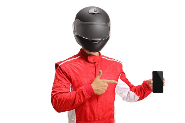 Racer Helmet Holding Phone Smart Phone Pointing Isolated White Background — ストック写真