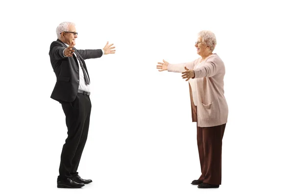 Businessman Greeting Elderly Woman Arms Wide Open Isolated White Background — Stockfoto